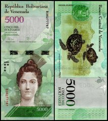 Venezuela 5,000 Bolivar Fuerte Banknote, 2016-2017, P-97, XF-Extremely Fine
