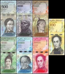 Venezuela 500 - 100,000 Bolivar Fuerte 7 Piece Set, 2007-2017, Used