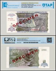 Zaire 500 Nouveaux Zaires Banknote, 1994, P-64Aa.1s, Used, Specimen, TAP Authenticated