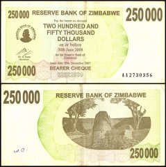 Zimbabwe 250,000 Dollars Bearer Cheque, 2007, P-50, Damaged