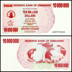 Zimbabwe 10 Million Dollars Bearer Cheque, 2008, P-55a, UNC