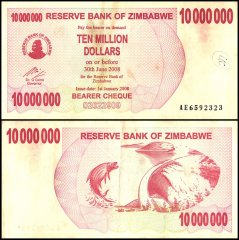 Zimbabwe 10 Million Dollars Bearer Cheque, 2008, P-55, Damaged
