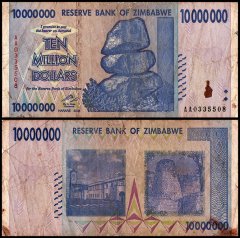 Zimbabwe 10 Million Dollars Banknote, 2008, P-78, Damaged