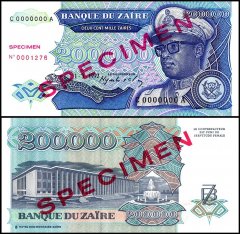 Zaire 200,000 Zaires Banknote, 1992, P-42s, UNC, Specimen