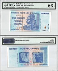 Zimbabwe 100 Trillion Dollars, 2008, P-91, Fancy Serial #, PMG 66