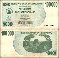 Zimbabwe 100,000 Dollars Banknote, 2006, P-48b, Used, Fancy Serial #AL8666666