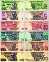 Zimbabwe 2-100 Dollars 6 Pieces Banknote Set, 2016-2020, P-99-106, UNC