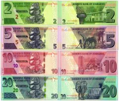 Zimbabwe 2-20 Dollars 4 Pieces Banknote Set, 2019-2020, P-101-P104, UNC