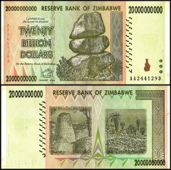 Zimbabwe 20 Billion Dollars Banknote, 2008, P-86, Damaged