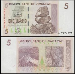 Zimbabwe 5 Dollars Banknote, 2007, P-66, Used