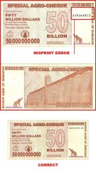 Zimbabwe 50 Billion Dollars Special Agro Cheque, 2008, P-63, Used, Error