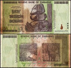 Zimbabwe 50 Trillion Dollars Banknote, 2008, AA, P-90, Damaged