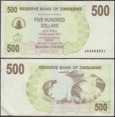 Zimbabwe 500 Dollars Bearer Cheque, 2006, P-43, Used