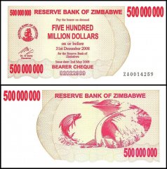 Zimbabwe 500 Million Dollars Bearer Cheque, 2008, P-60, UNC, Replacement
