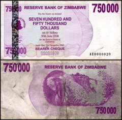 Zimbabwe 750,000 Dollars Bearer Cheque, 2007, P-52, Used, Low Serial #AE0000020