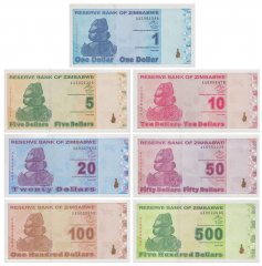Zimbabwe 1-500 Revalued Dollars 7 Pieces Full Banknote Set, 2009, P-92-98, UNC