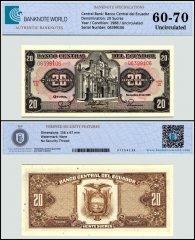 Ecuador 20 Sucres Banknote, 1988, P-121Aa.8, UNC, Series LQ, TAP 60-70 Authenticated