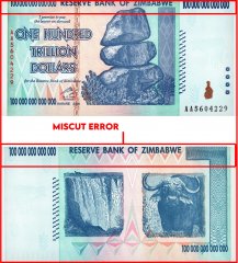Zimbabwe 100 Trillion Dollars Banknote, 2008, AA, P-91, UNC, Miscut Error, TAP Authenticated
