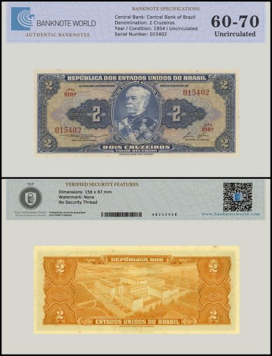 Brazil 2 Cruzeiros Banknote, 1954-1958 ND, P-151b, UNC, TAP 60-70 Authenticated