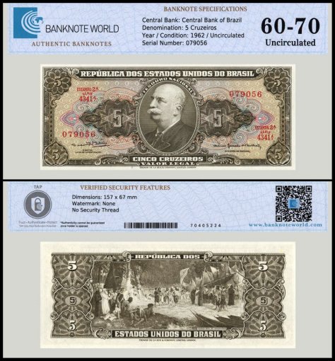 Brazil 5 Cruzeiros Banknote, 1962-1964 ND, P-176d, UNC, TAP 60-70 Authenticated