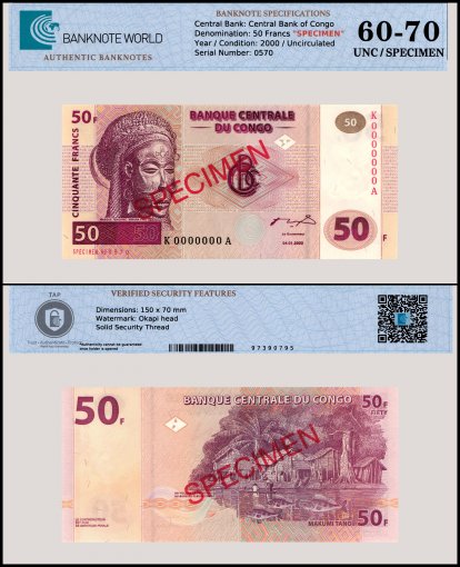 Congo Democratic Republic 50 Francs Banknote, 2000, P-91s, UNC, Specimen, TAP 60-70 Authenticated