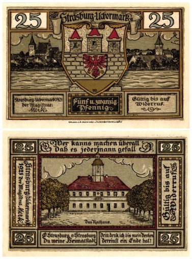 Strasburg Uckermark 25 Pfennig - 1 Mark 3 Pieces Notgeld Set, 1921, Mehl #1280, UNC