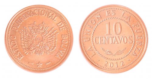 Bolivia 10-50 Centavos & 1-5 Bolivianos 6 Pieces Coin Set, 2012, Mint