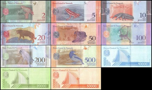 Venezuela 2-50,000 Bolivar Soberano 11 Pieces Banknote Set, 2018-2019, P-101-111, UNC