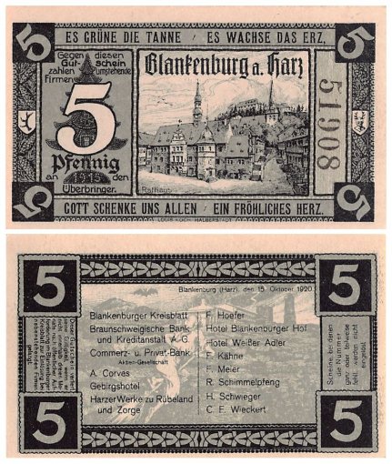 Blankenburg am Harz 5-50 Pfennig 5 Pieces Notgeld Set, 1920, Mehl #114.1, UNC