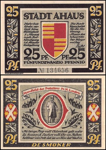 Ahaus 25-50 Pfennig 2 Pieces Notgeld Set, 1921, Mehl #3.1a, UNC