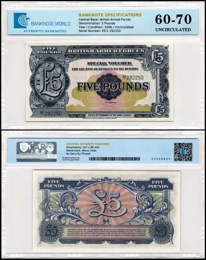 Great Britain - British Armed Forces 5 Pounds Banknote, 1948 ND, P-M23, UNC, Special Voucher, TAP 60-70 Authenticated