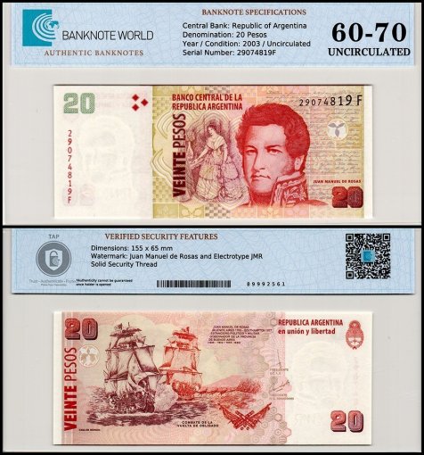 Argentina 20 Pesos Banknote, 2003 ND, P-355c.1, UNC, Suffix F, TAP 60-70 Authenticated
