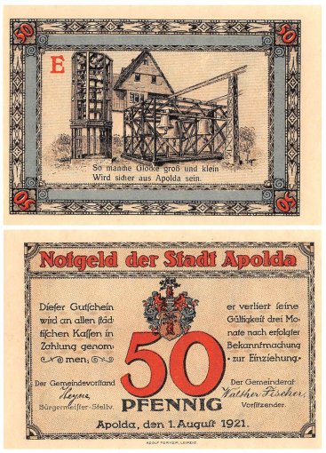 Apolda 50 Pfennig 6 Pieces Notgeld Set, 1921, Mehl #36.3a, UNC