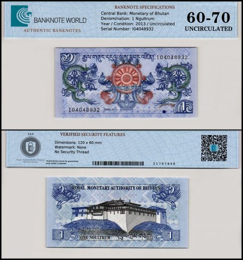 Bhutan 1 Ngultrum Banknote, 2013, P-27b, UNC, TAP 60-70 Authenticated