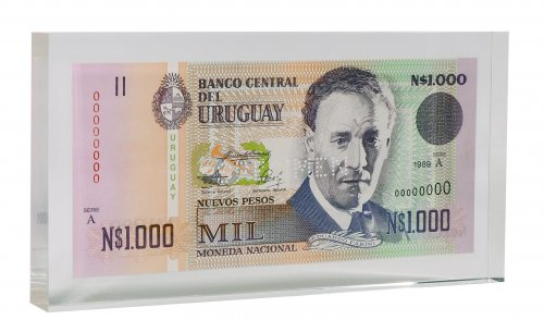 Uruguay 1,000 Nuevos Pesos Banknote, 1989, P-67As, UNC, Specimen, In Acrylic Block