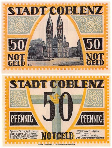 Coblenz 25-50 Pfennig 4 Pieces Notgeld Set, 1921, Mehl #233.1, UNC