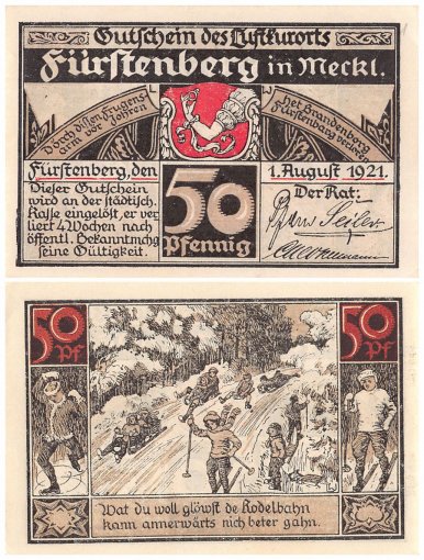 Fuerstenberg in Mecklenburg 10 Pfennig - 1 Mark 7 Pieces Notgeld Set, 1921, Mehl #402.1, UNC