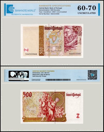 Portugal 500 Escudos Banknote, 1997, P-187b.6, UNC, TAP 60-70 Authenticated