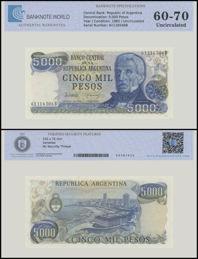 Argentina 5,000 Pesos Banknote, 1977-1983 ND, P-305b.2, UNC, TAP 60-70 Authenticated