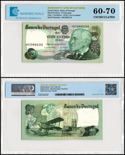 Portugal 20 Escudos Banknote, 1978, P-176b.4, UNC, TAP 60-70 Authenticated
