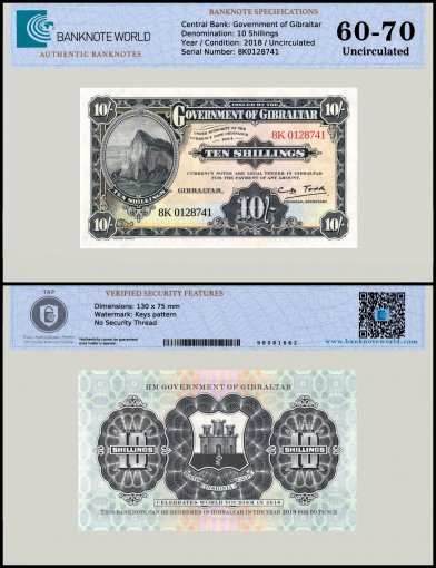 Gibraltar 10 Shillings Banknote, 2018, P-41, UNC, Commemorative, TAP 60-70 Authenticated
