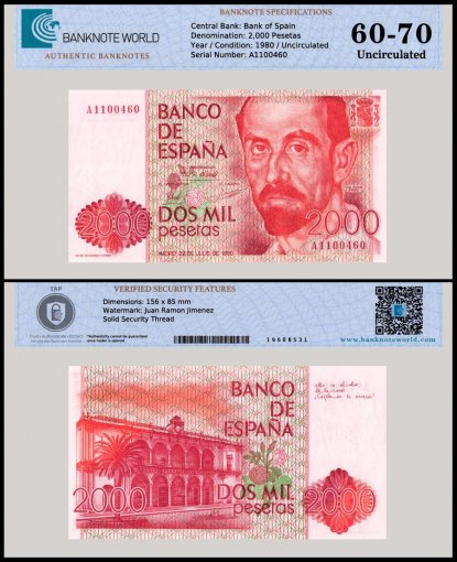 Spain 2,000 Pesetas Banknote, 1980, P-159, UNC, TAP 60-70 Authenticated