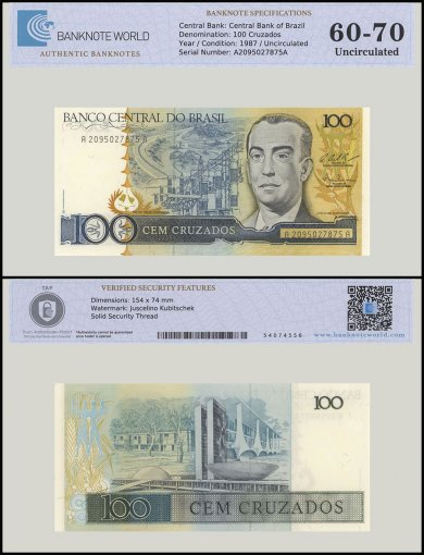 Brazil 100 Cruzados Banknote, 1987 ND, P-211c, UNC, TAP 60-70 Authenticated