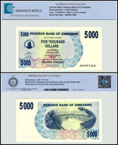 Zimbabwe 5,000 Dollars Bearer Cheque, 2007, P-45, UNC, TAP Authenticated