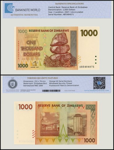 Zimbabwe 1,000 Dollars Banknote, 2007, P-71, UNC, TAP Authenticated