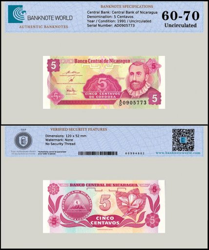 Nicaragua 5 Centavos De Cordoba Banknote, 1991 ND, P-168a.2, UNC, TAP 60-70 Authenticated