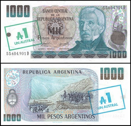 Argentina 1 Austral on 1,000 Pesos Argentinos Banknote, 1985 ND, P-320, UNC, Series D