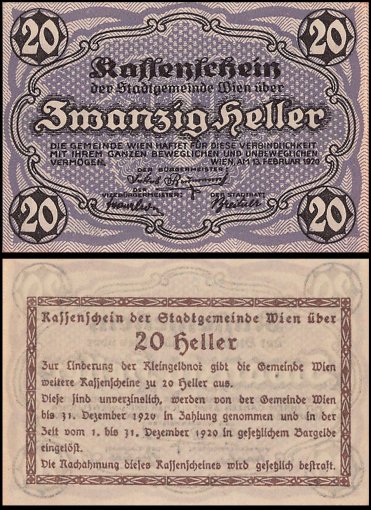 Wien - Vienna 20 Heller Notgeld, 1920, Kodnar-Kuenstner #1183.II.c, UNC