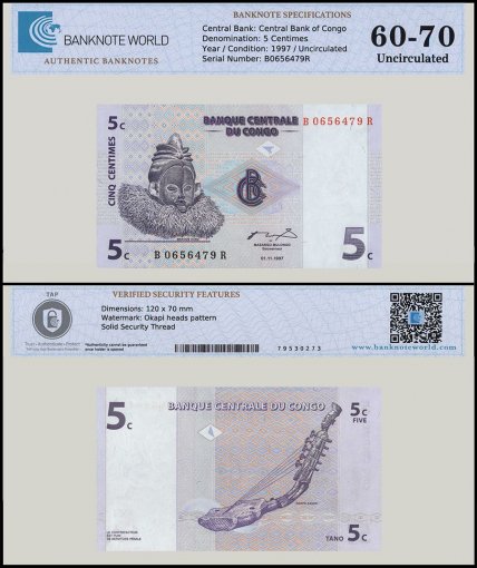 Congo Democratic Republic 5 Centimes Banknote, 1997, P-81, UNC, TAP 60-70 Authenticated