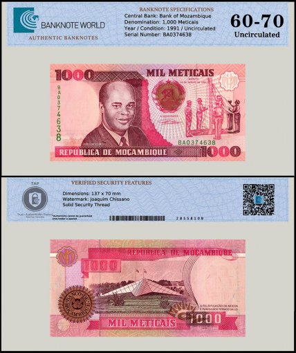 Mozambique 1,000 Meticais Banknote, 1991, P-135, UNC, TAP 60-70 Authenticated